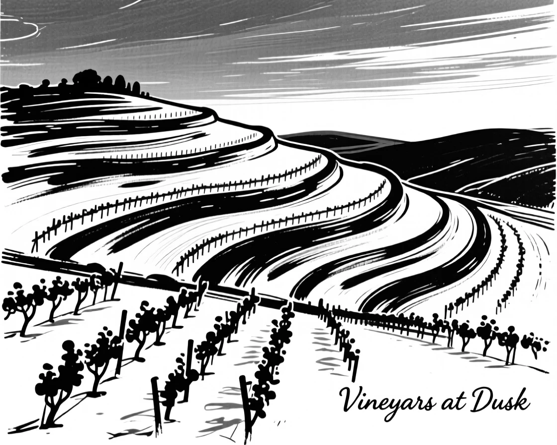 A rolling hillside terraced with vineyards under a warm evening sky.