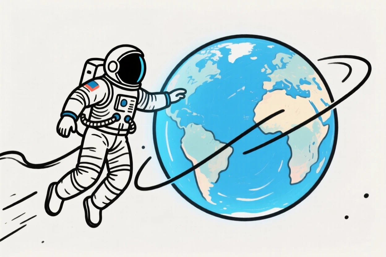 An astronaut floating in space beside a glowing blue planet Earth.