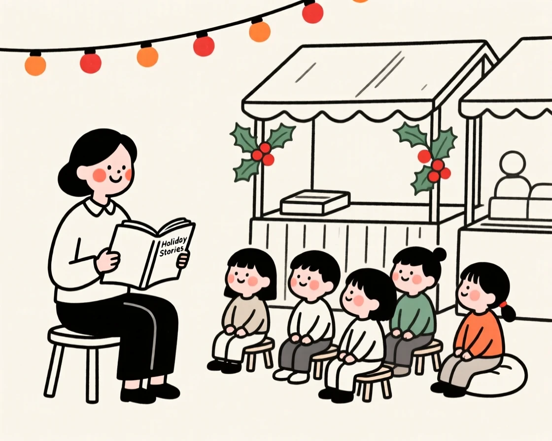 A teacher reading to a classroom, beaming with pride, at a bustling holiday market.