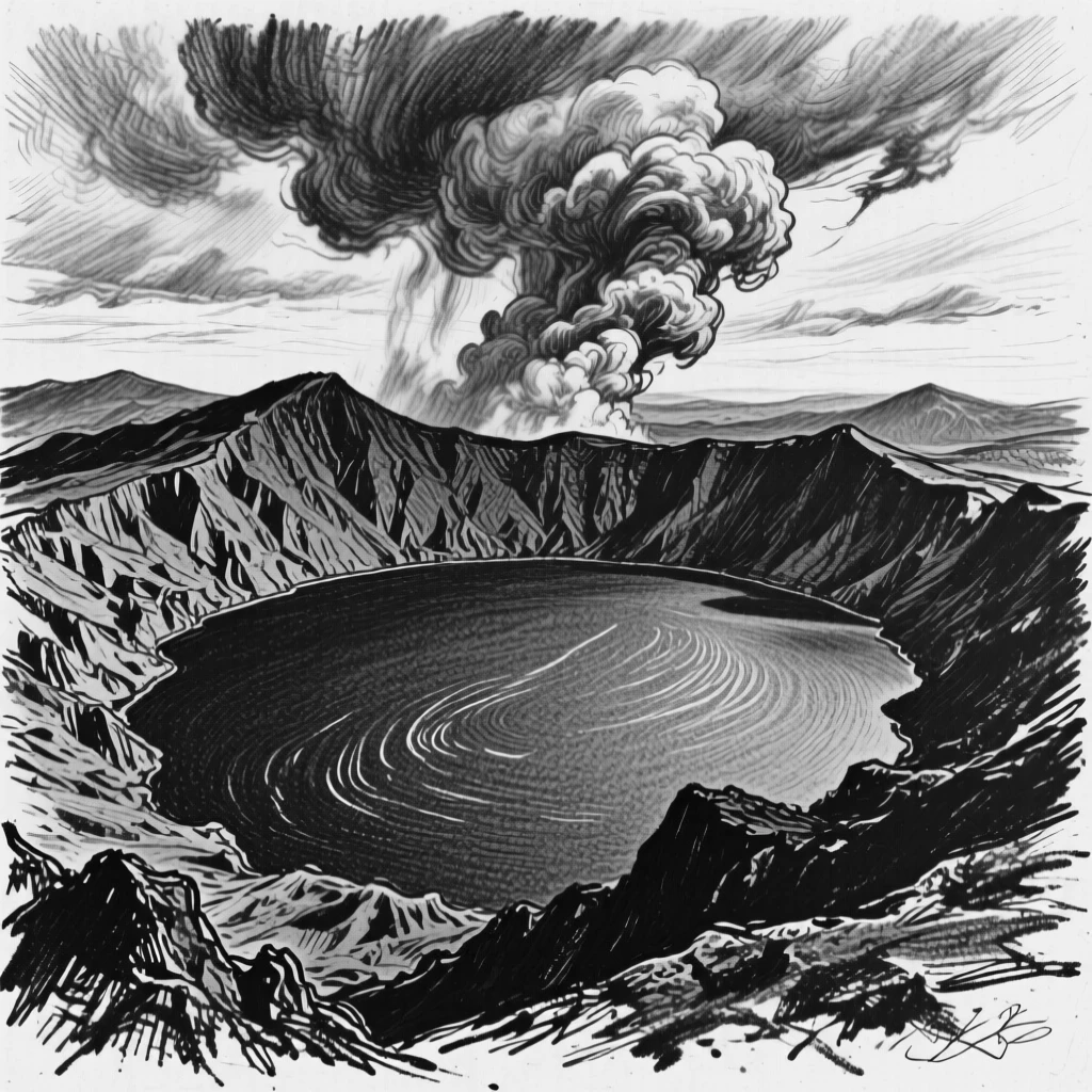 A volcanic crater lake with dramatic storm clouds gathering on the horizon.