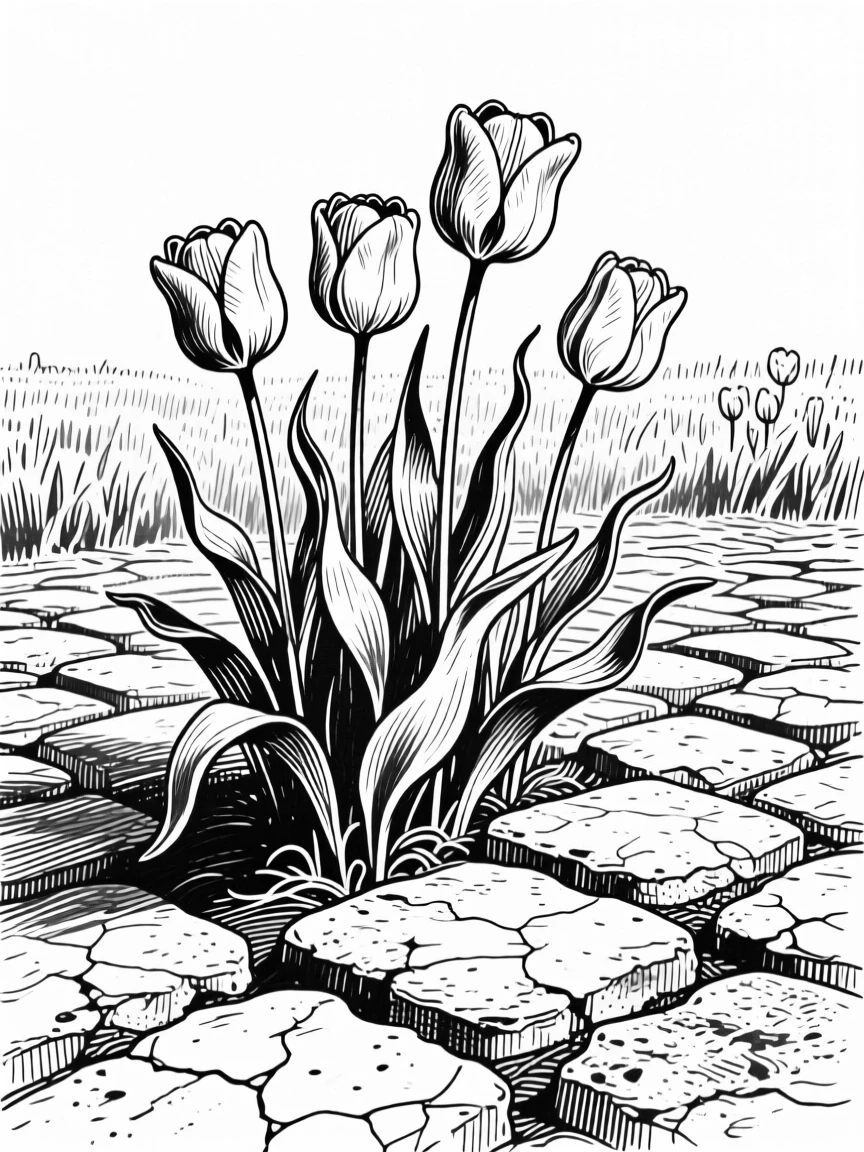 A field of tulips growing between old cobblestones, with leaves curling gently at the tips, composed in a quietly elegant still-life arrangement.