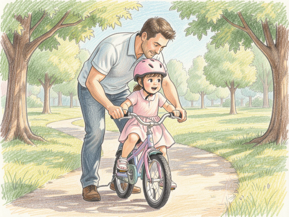 A father teaching his daughter to ride a bicycle in a sunny park, with expressive detail in the eyes and gentle facial features, capturing a fleeting, deeply relatable moment.