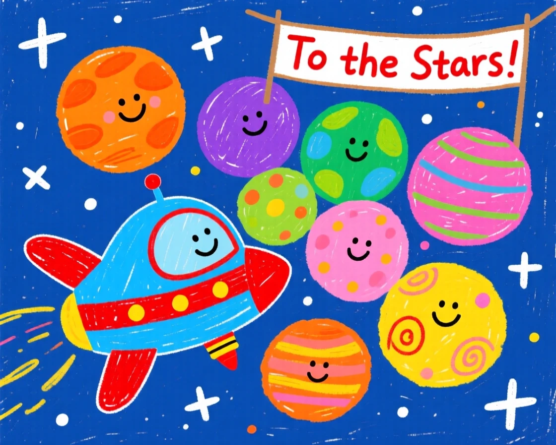 A spaceship gliding past a cluster of colorful planets.