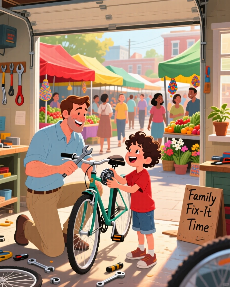A father and son fixing a bicycle together in the garage, in a lively outdoor market bustling with color, captured mid-laugh with authentic energy, with a sense of warmth and togetherness in every detail.