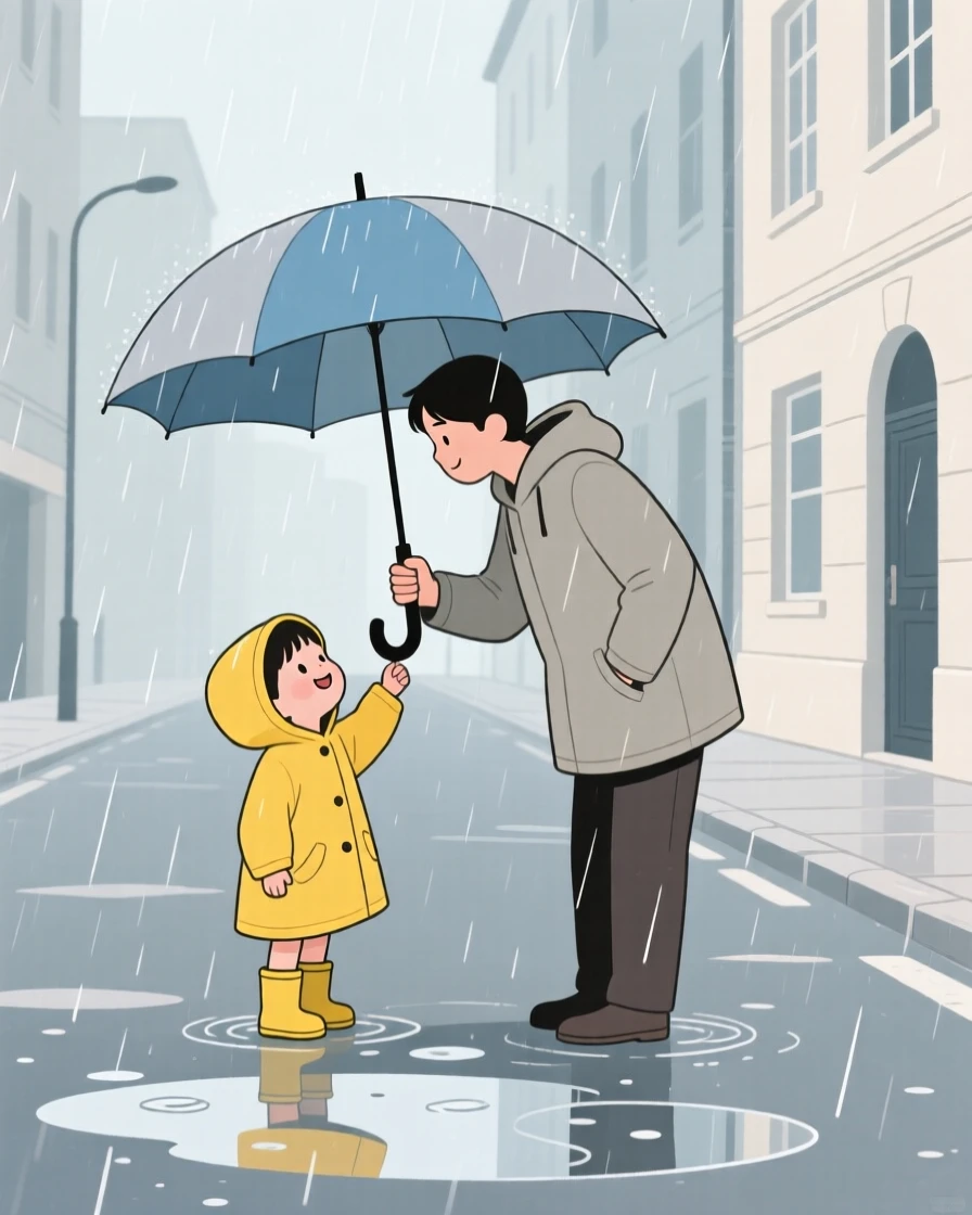 A small child sharing an umbrella in the rain on a quiet weekend afternoon in the city.