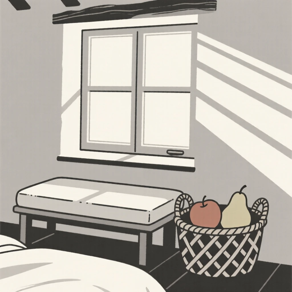 A morning scene of bedroom window seat resting in a countryside cottage beside a woven basket of fruit, radiating restful ease.