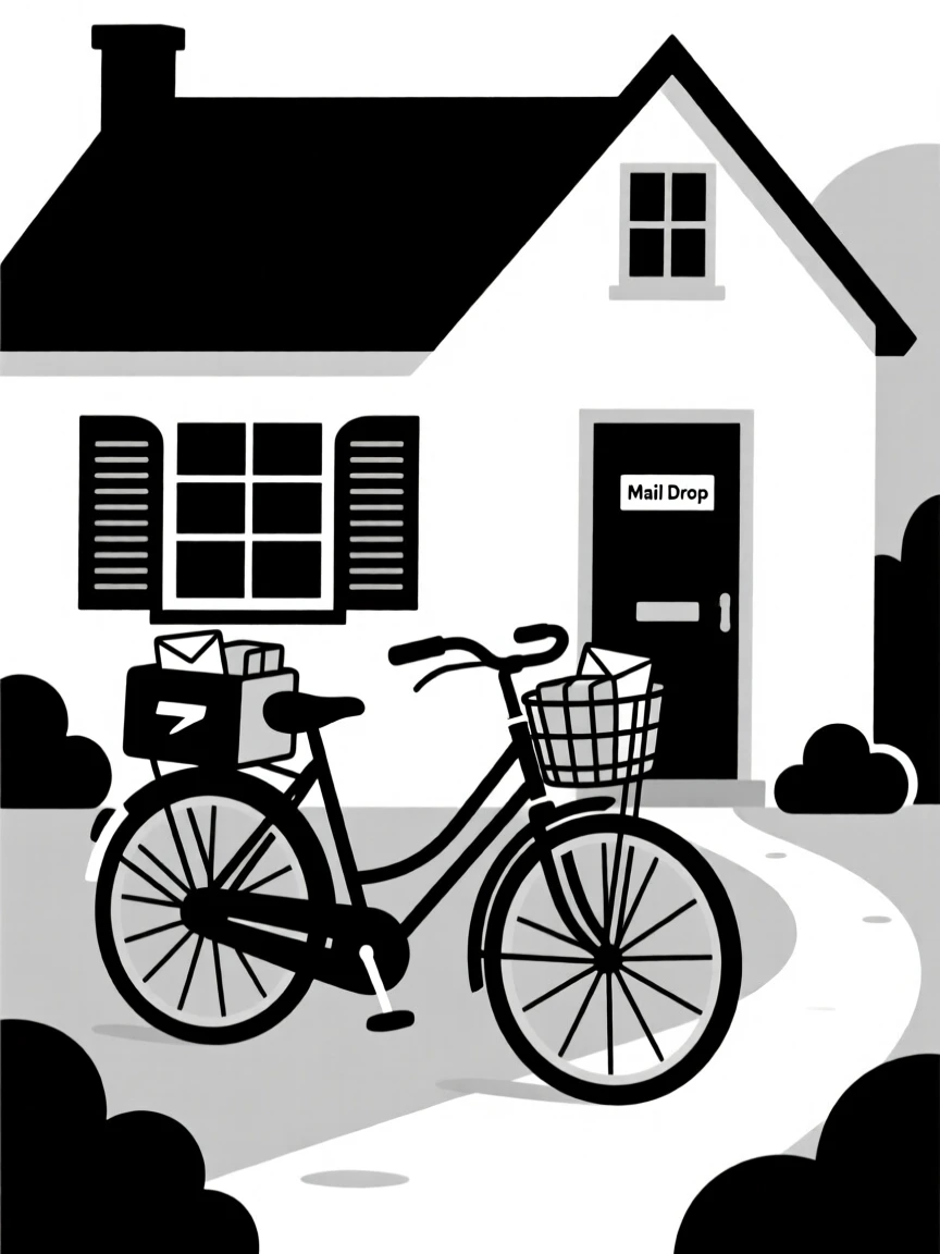 A mail delivery bicycle parked outside a cottage.