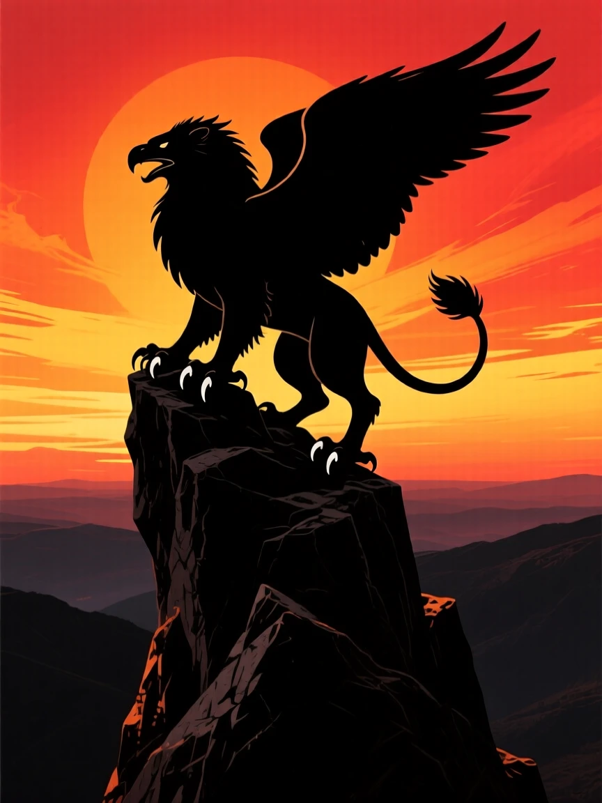 A griffin perched atop a rocky spire, wings half-folded, overlooking a valley.