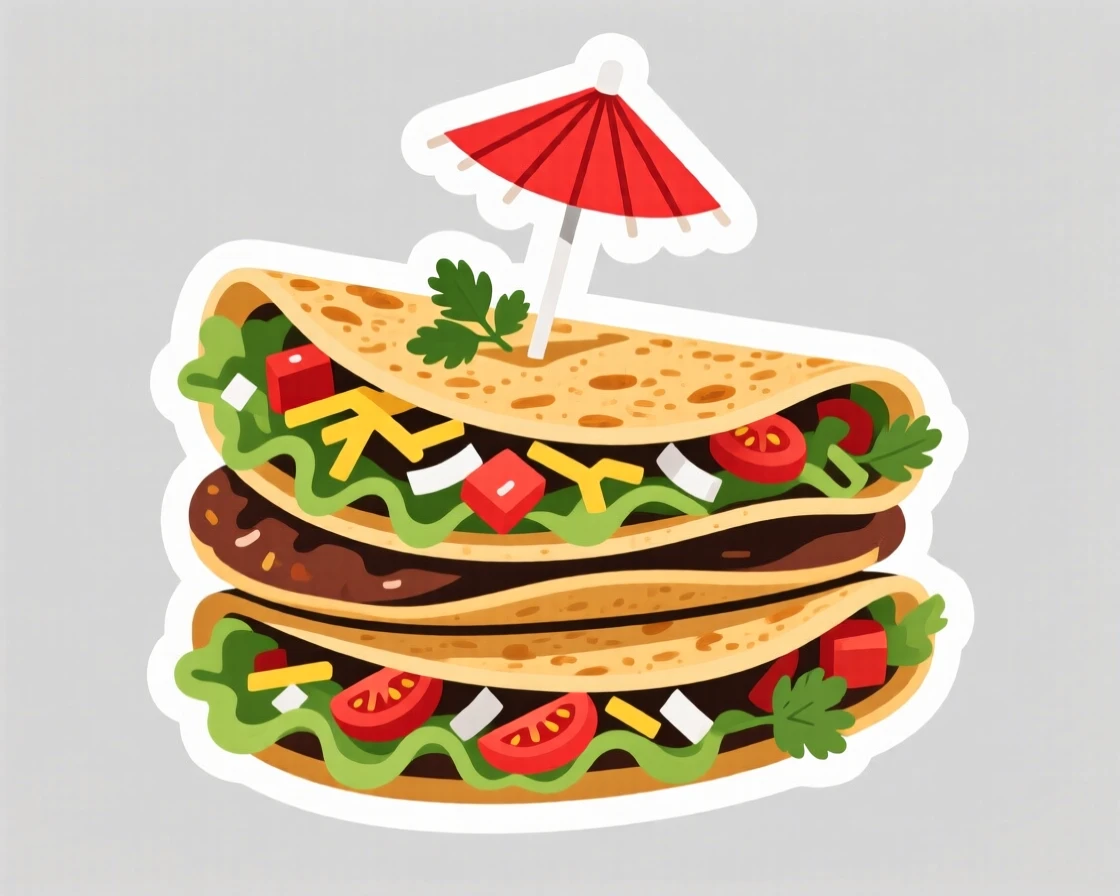 A freshly made stack of crispy tacos with fresh toppings, with a small flag or umbrella decoration on top, at an outdoor market stall.