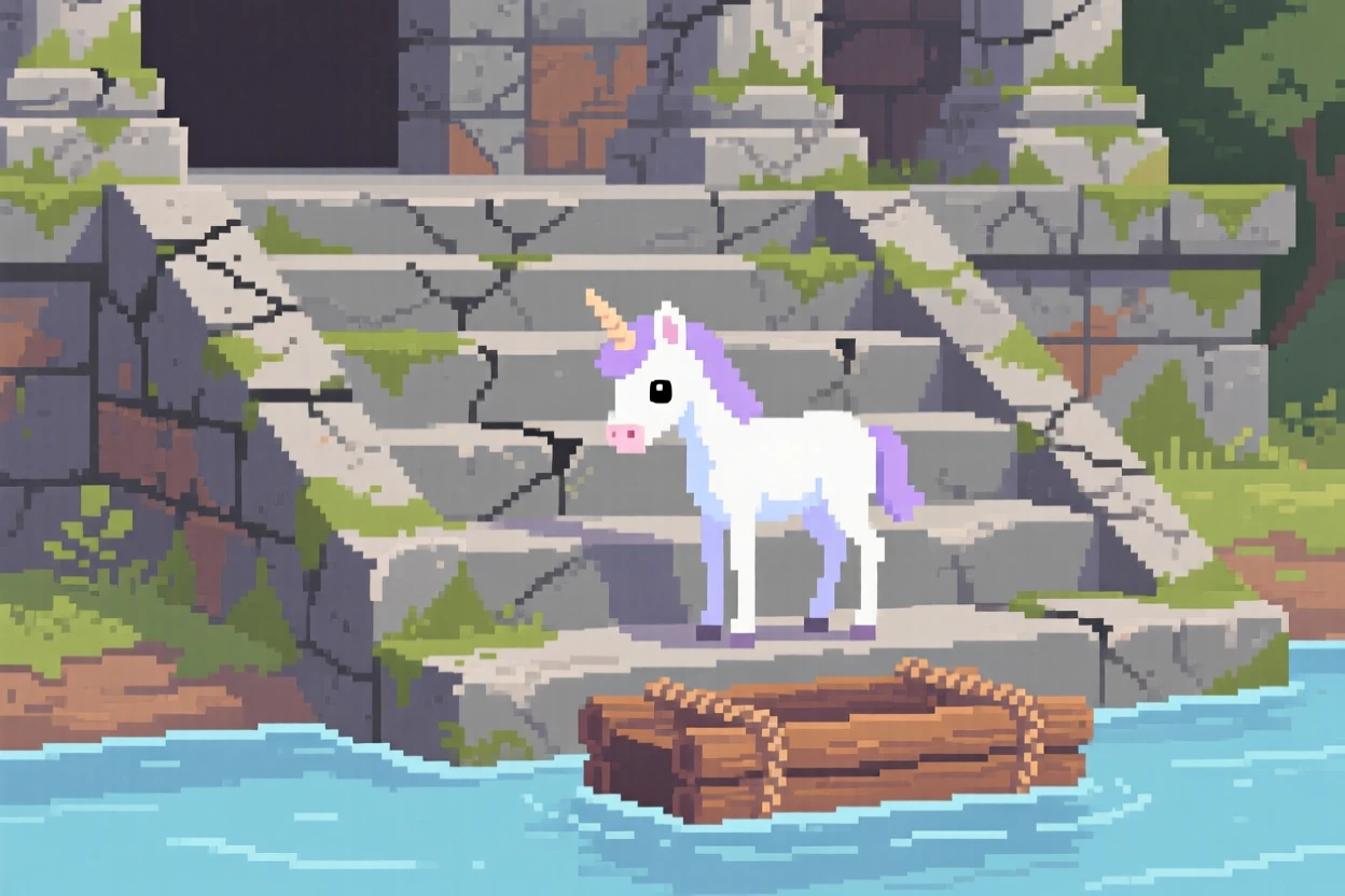 A shy unicorn foal building a tiny raft to cross a river, on the steps of an old stone temple.