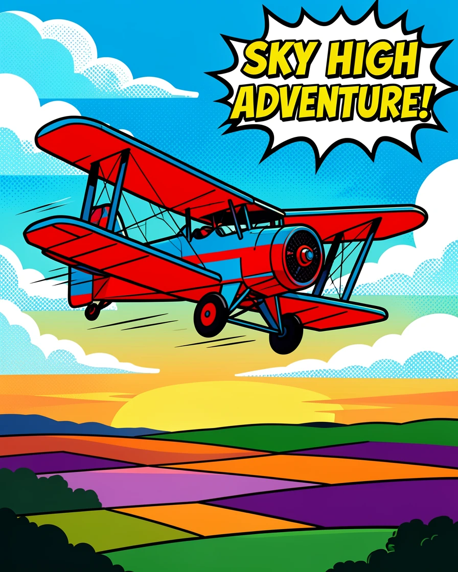 A biplane soaring above a late-day countryside
