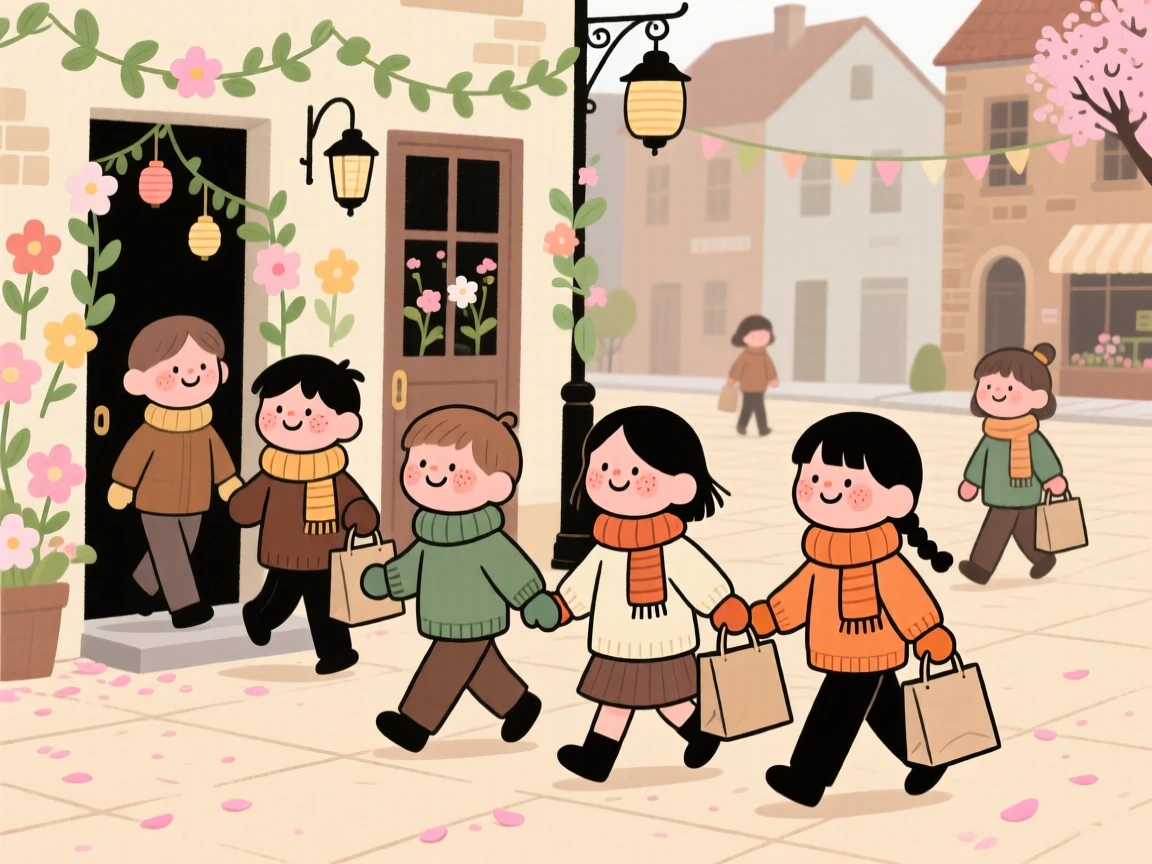 Children in knitted scarves and mittens carry small paper bags through a small town square decorated for a spring festival, giggling at every doorway.