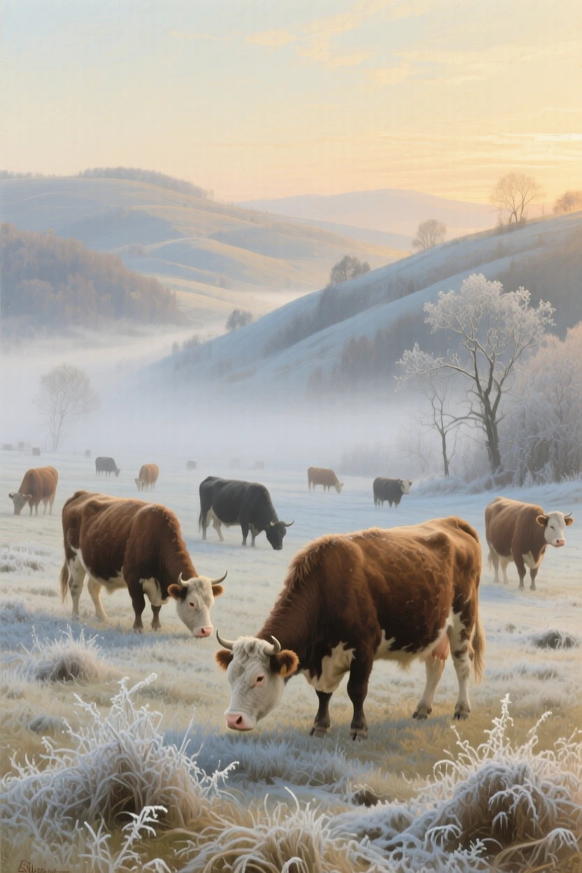 A centered composition of a herd of cattle grazing peacefully in a misty valley, in late afternoon, beneath fresh fallen frost.
