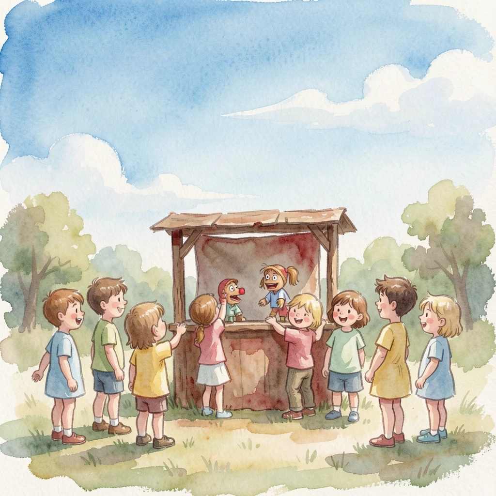 Children gathered around a puppet show under a bright blue sky.
