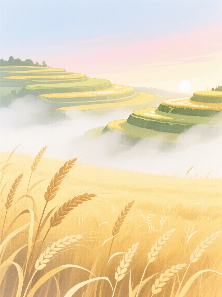 A breathtaking view of a golden wheat field as morning mist rolls through, where terraced fields catch the light