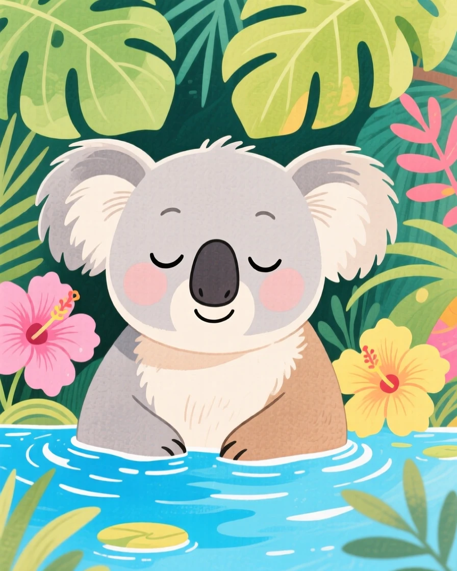 A close-up portrait of a sleepy koala in a tropical lagoon.
