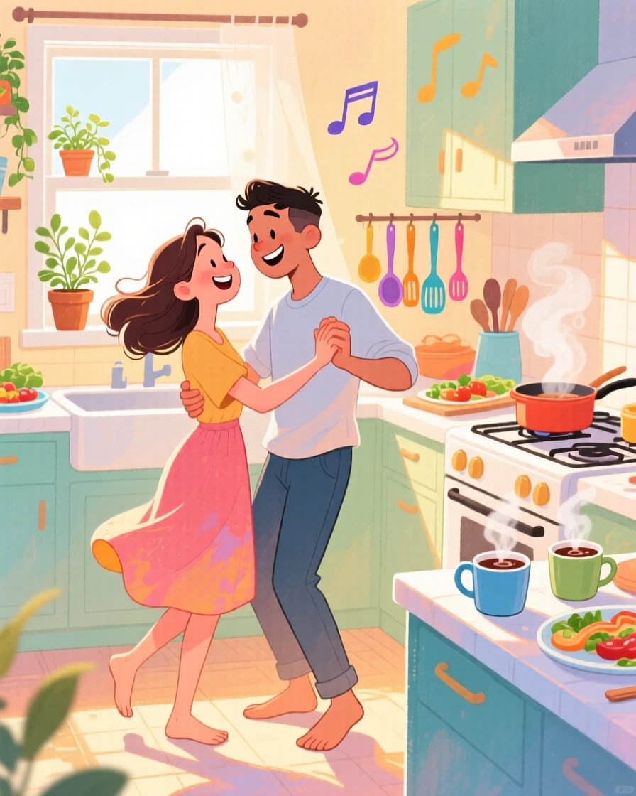 A young couple dancing barefoot in their kitchen while cooking dinner, in a sunlit apartment kitchen with music playing, with steam rising from mugs of cocoa nearby, playful romance and everyday happiness.