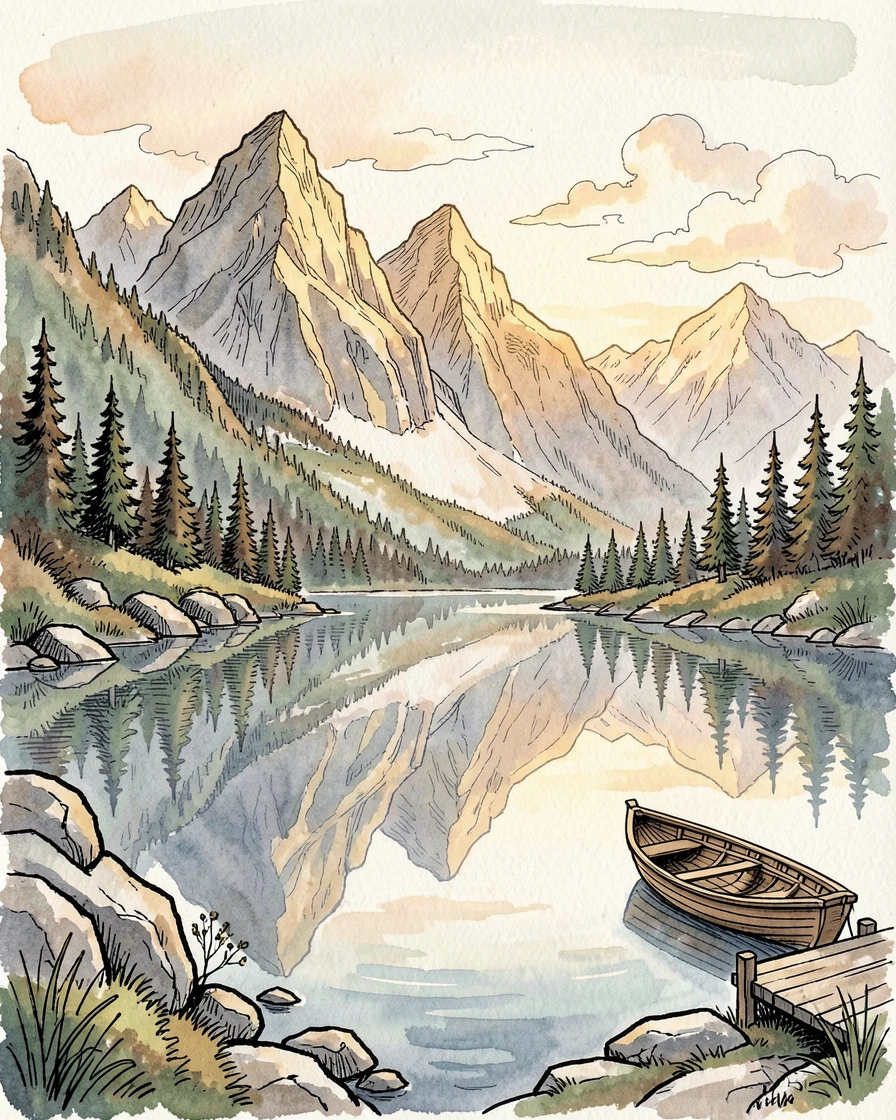 A quiet mountain lake perfectly mirroring the surrounding peaks at dawn, golden light spilling across the landscape at the close of day.