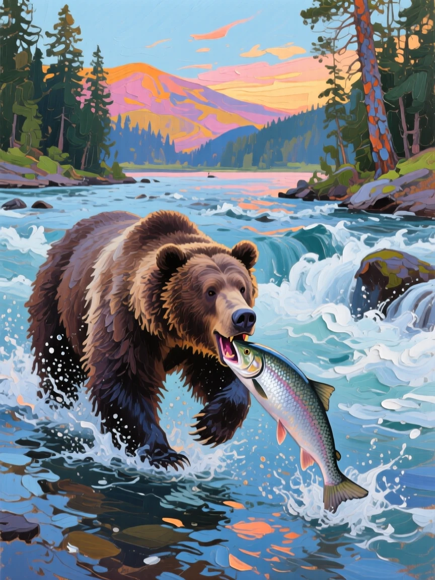 a bear catching salmon in a rushing river, at dawn, with a balanced, spacious view of the surroundings.