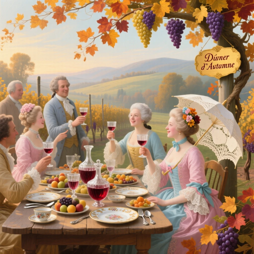 An autumn vineyard supper with guests raising glasses beneath amber leaves  