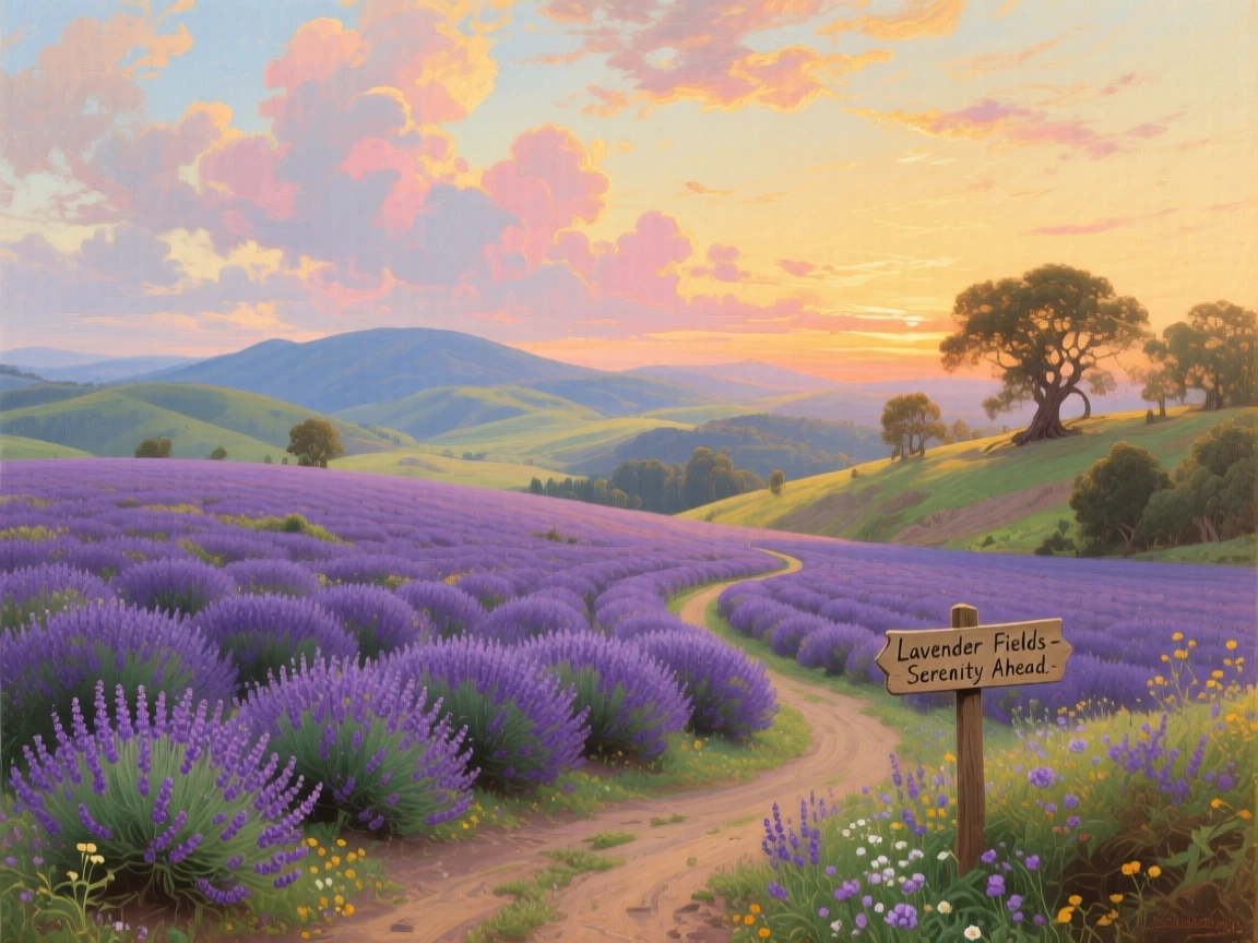 A lavender field rolling toward distant hills.