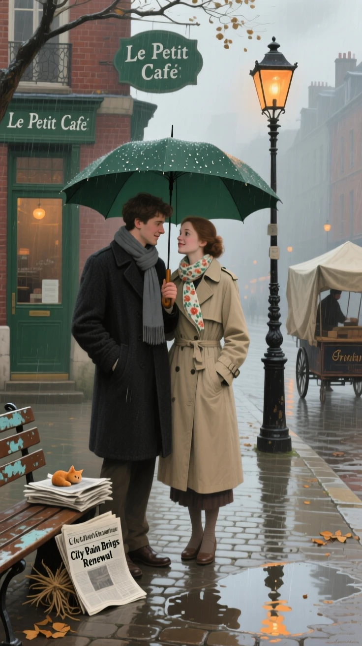 A young couple sharing a quiet, tender moment on a rain-soaked city street, surrounded by everyday details that ground the moment in reality, radiating authenticity and heartfelt sincerity