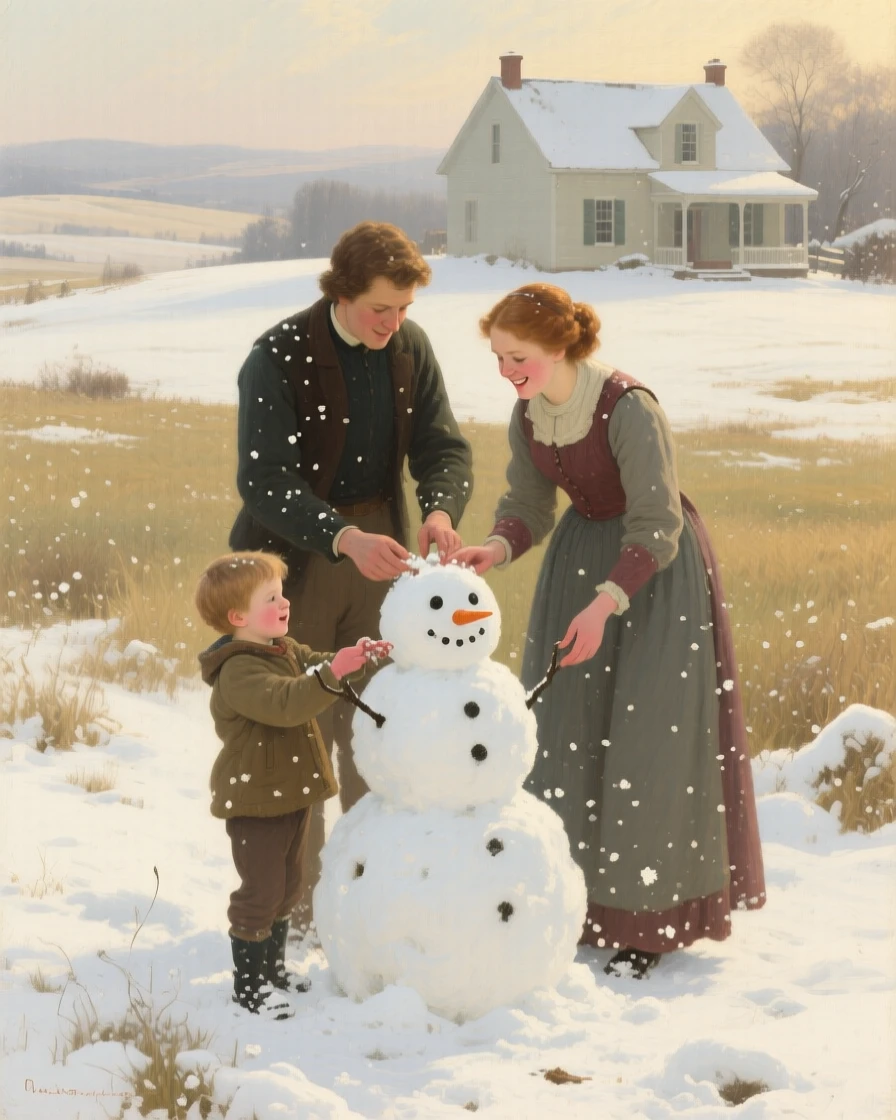 A young family building a snowman together in a fresh snowfall as laughter and love fill an otherwise ordinary afternoon, set within a sunlit meadow just beyond a quiet farmhouse, with small, telling gestures like a held hand or a shared glance; warm, low light wraps the family in a comforting glow, evoking pure, unguarded tenderness and love.