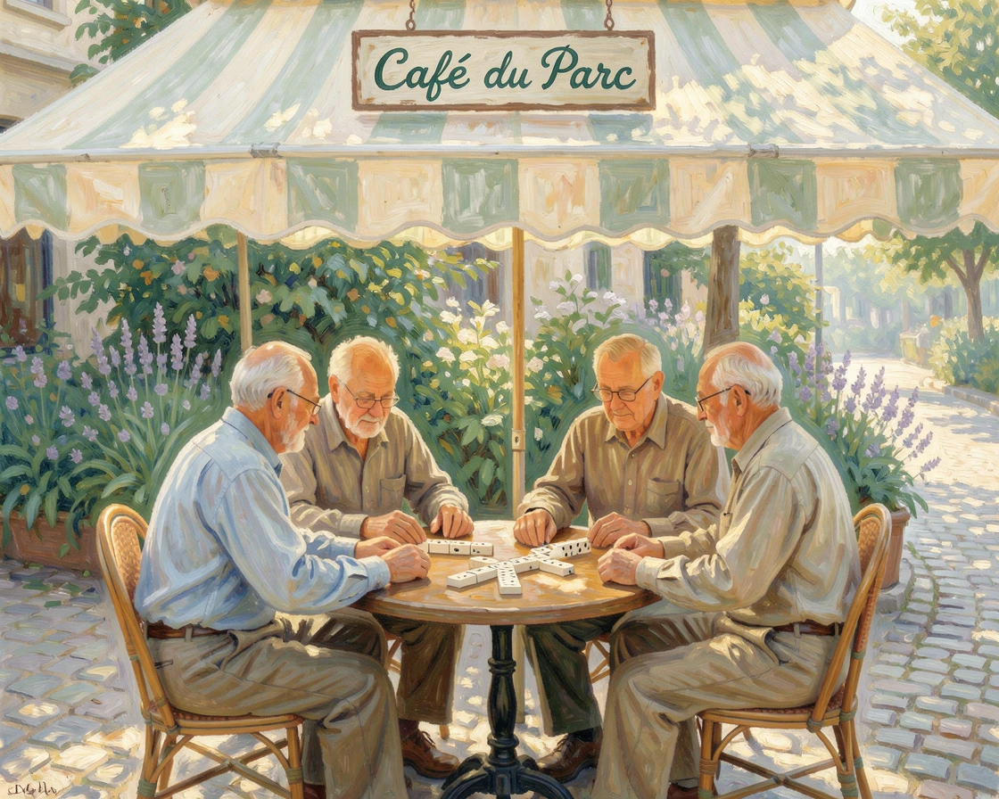 A group of elderly men playing dominoes at a small café table beneath a striped awning.