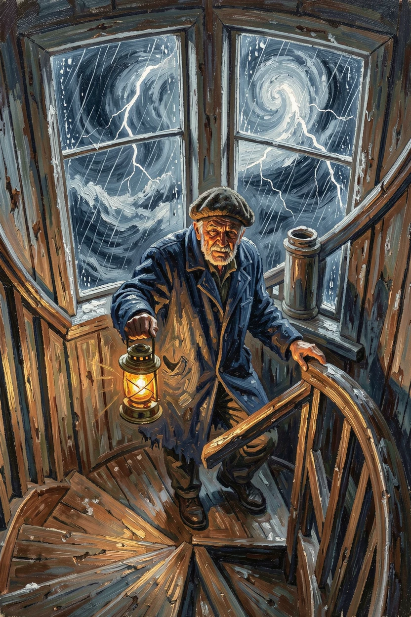 A weathered lighthouse keeper climbing the spiral stairs, lantern in hand, storm raging outside.