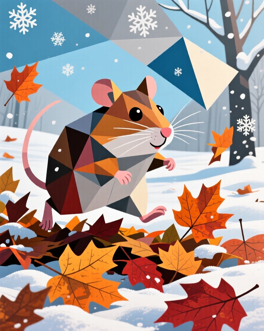 A charming portrait of a tiny hamster bounding through a pile of autumn leaves, during a quiet snowy morning.