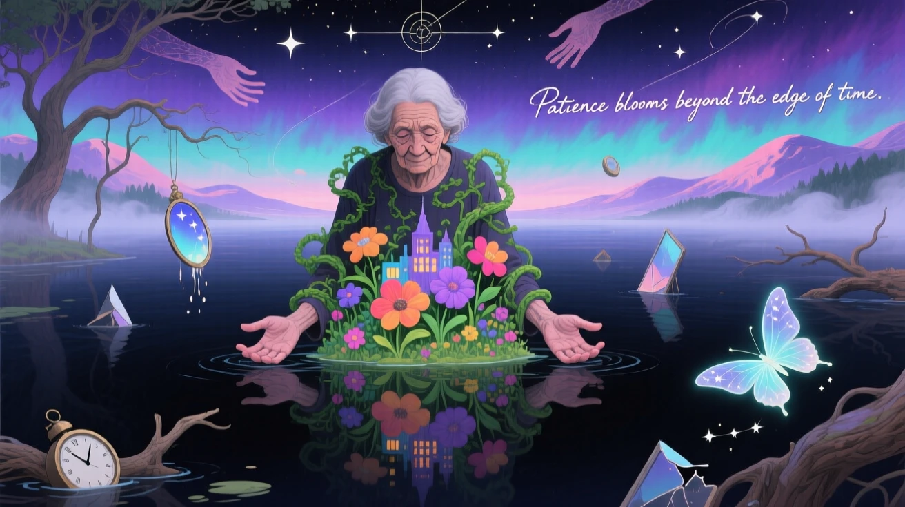 An elderly woman with a garden growing from her open palms waits patiently at the edge of a still, dark lake, while the world around them fades into soft watercolor mist.