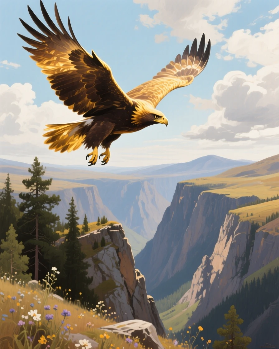 A golden eagle soars above a dramatic mountain gorge in Mongolia, wings spread wide as it rides a thermal current beneath scattered clouds, the moment captured with a sense of calm intimacy despite the wild setting.