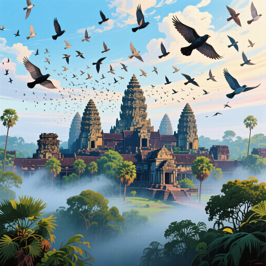 Angkor Wat temple emerging from thick jungle fog, beneath a sky full of migrating birds, flocks of birds wheeling overhead