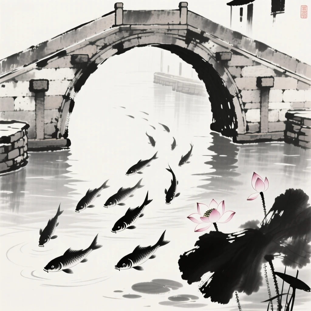 A group of fish glides beneath a stone bridge over a canal, with lotus blossoms floating nearby.