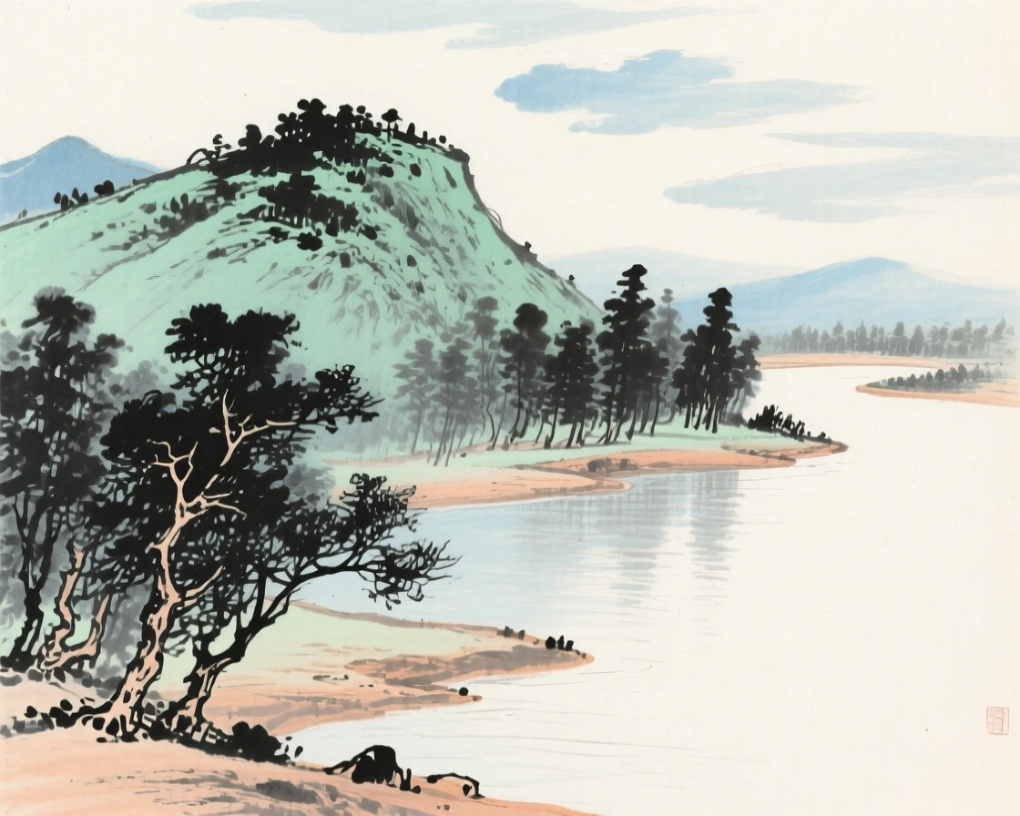 A quiet cove where a river bends around a wooded hill, under drifting clouds.