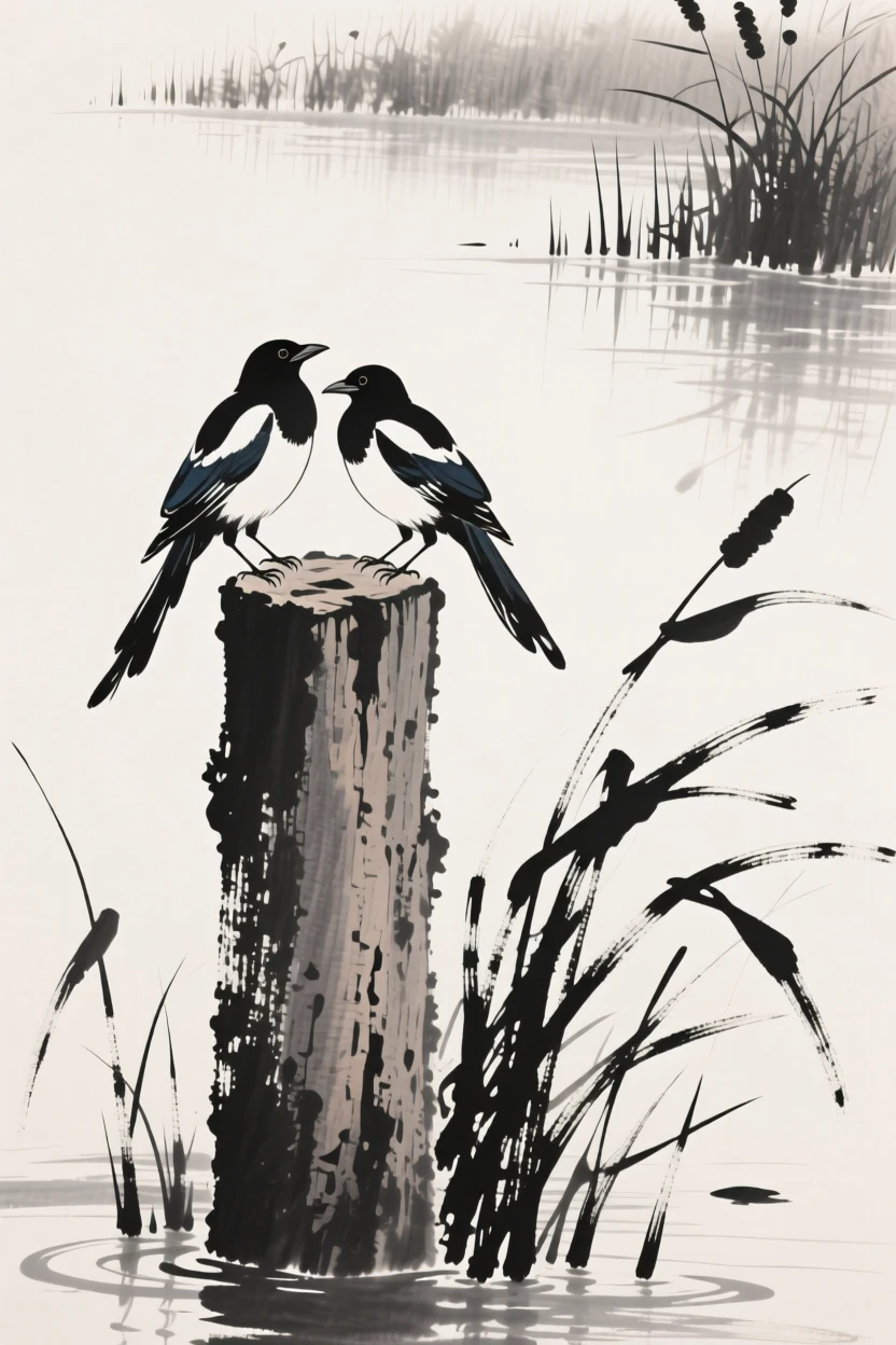 A pair of magpies resting on a weathered wooden post along the edge of a reed-lined marsh, seen up close with delicate feather detail, suggesting renewal and the gentle passage of seasons.