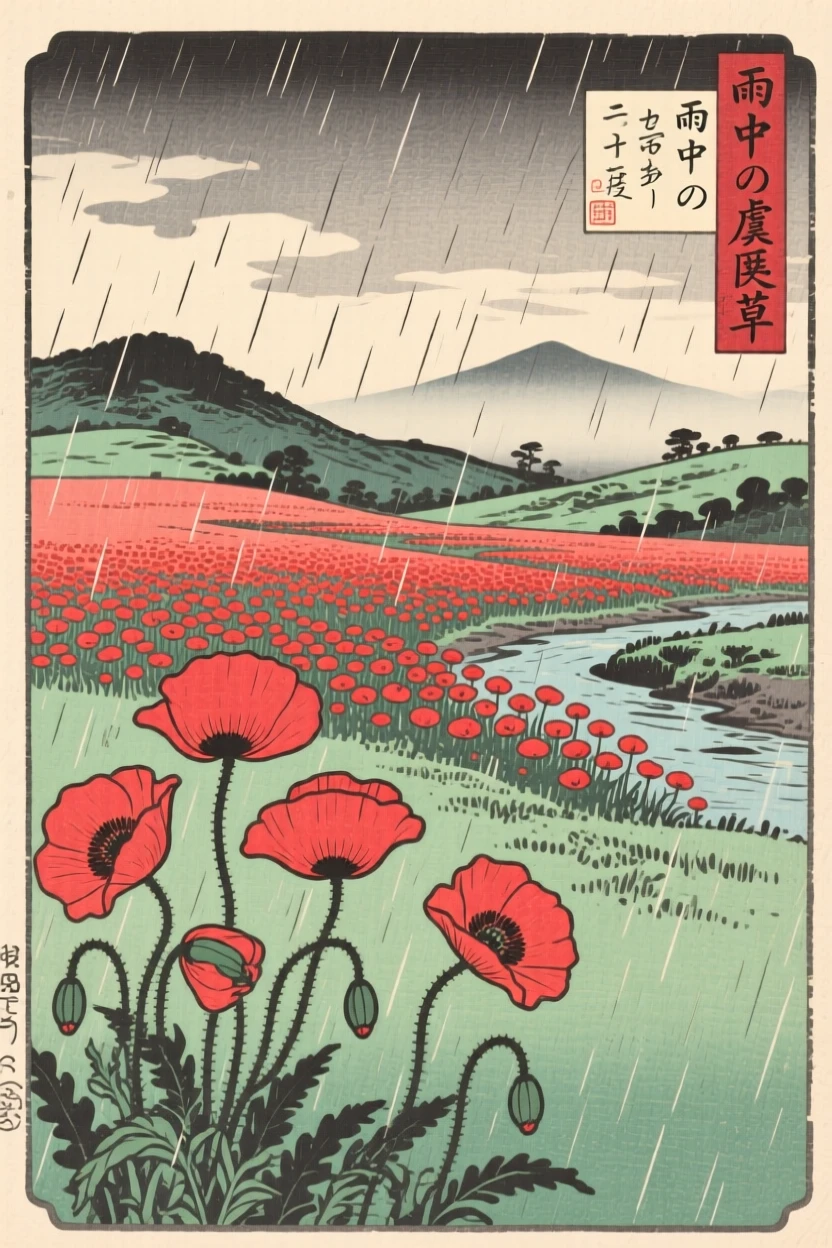A field of blooming poppies rippling in the breeze as gentle rain begins to fall.