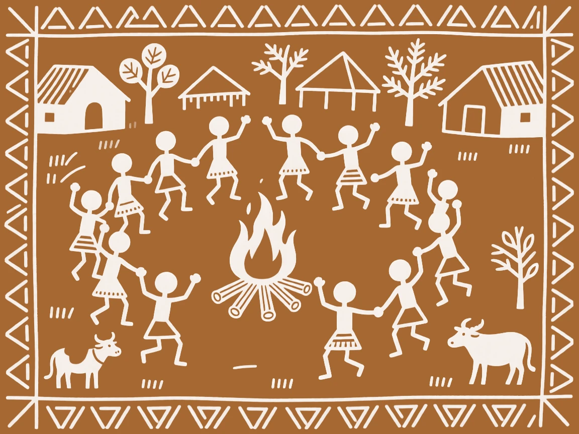 A village fair celebrated with dancers forming rows around a bonfire.