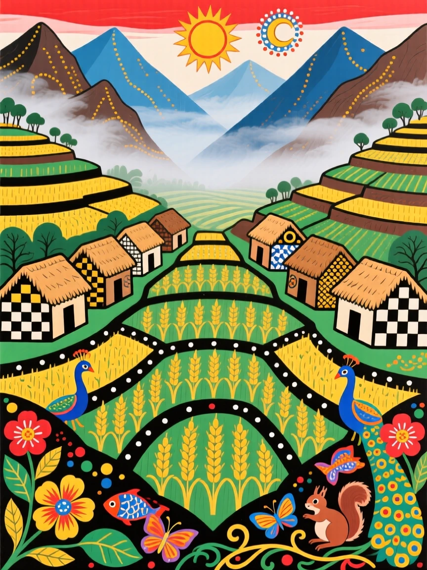 A valley village surrounded by rice terraces and misty peaks.