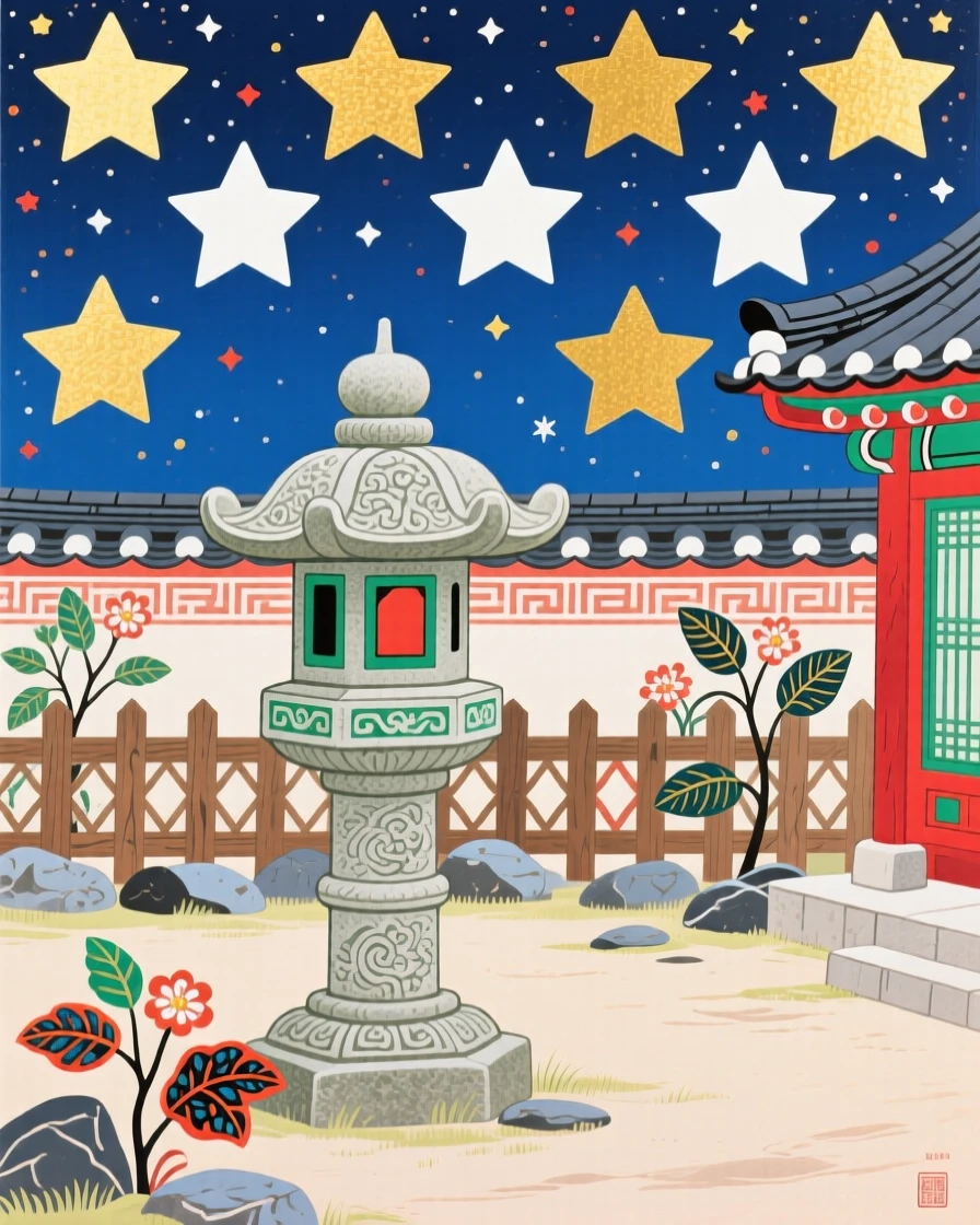 A view of a quiet courtyard with a stone lantern, beneath a sky full of stars.