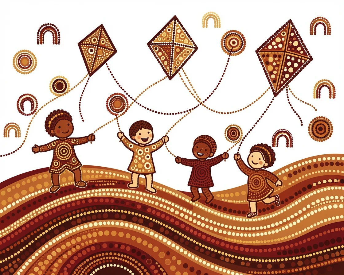 Children flying kites on a windy hillside