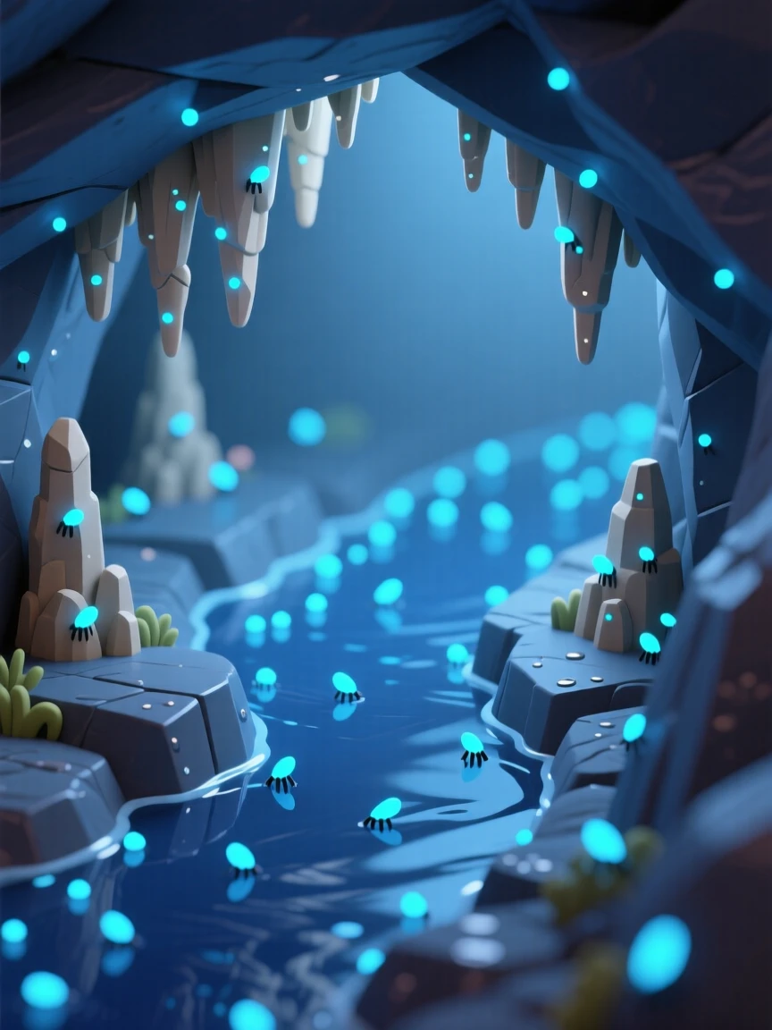 A glowworm cave with thousands of tiny blue lights reflected in an underground river, stalactites glittering faintly above.