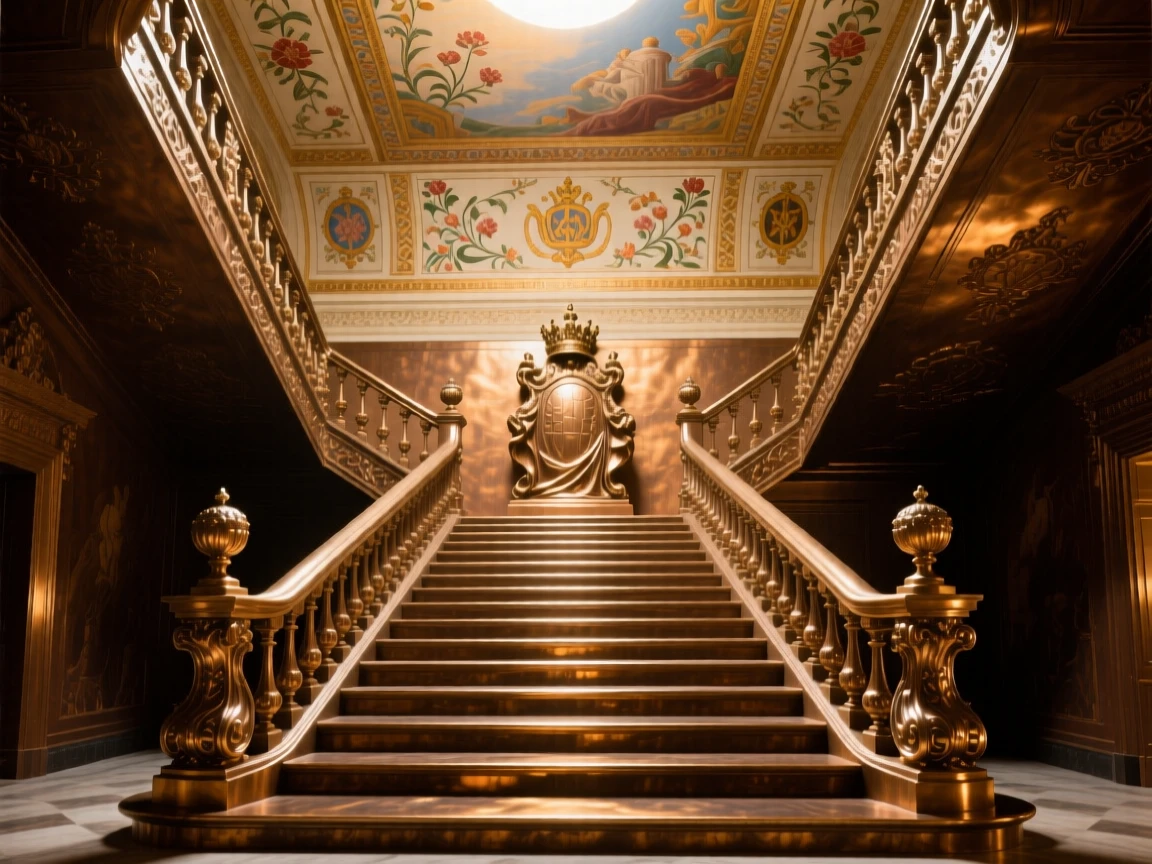 A grand royal staircase beneath a painted ceiling, bathed in warm, golden light, exuding timeless grandeur