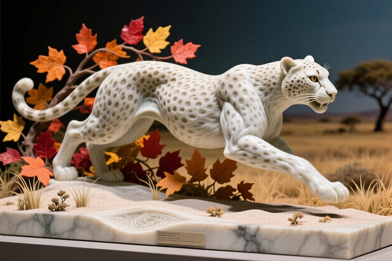 A striking close-up of a cheetah sprinting across the savanna, full of life and grace, surrounded by autumn foliage