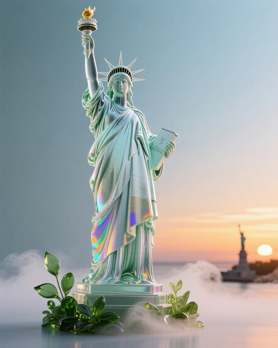 The Statue of Liberty at sunset surrounded by lush greenery and soft morning mist, wide establishing composition, feeling serene and majestic.