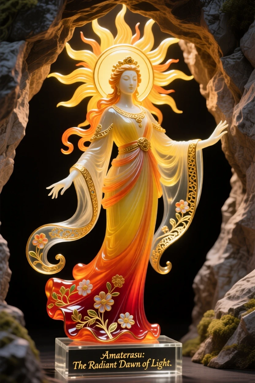 Amaterasu the sun goddess emerging from a cave to light the world, radiant and transformative.