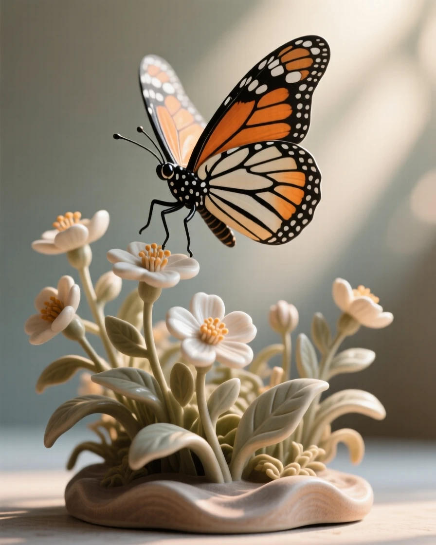 A monarch butterfly mid-flight over wildflowers resting quietly amid soft foliage, framed by soft rays of morning sun, radiating delicate, fleeting beauty.