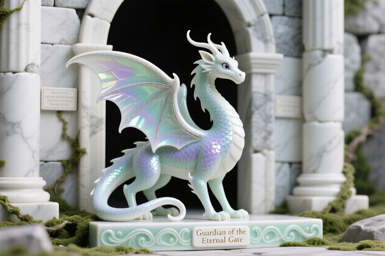 A majestic fairy dragon guarding the entrance to an ancient ruin, scales shimmering with iridescent color.