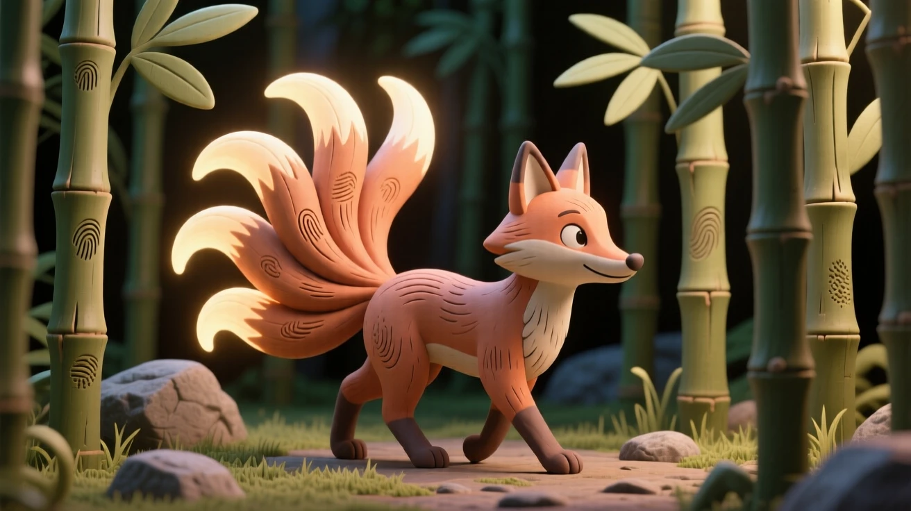 A fox spirit with nine glowing tails walking through a bamboo grove