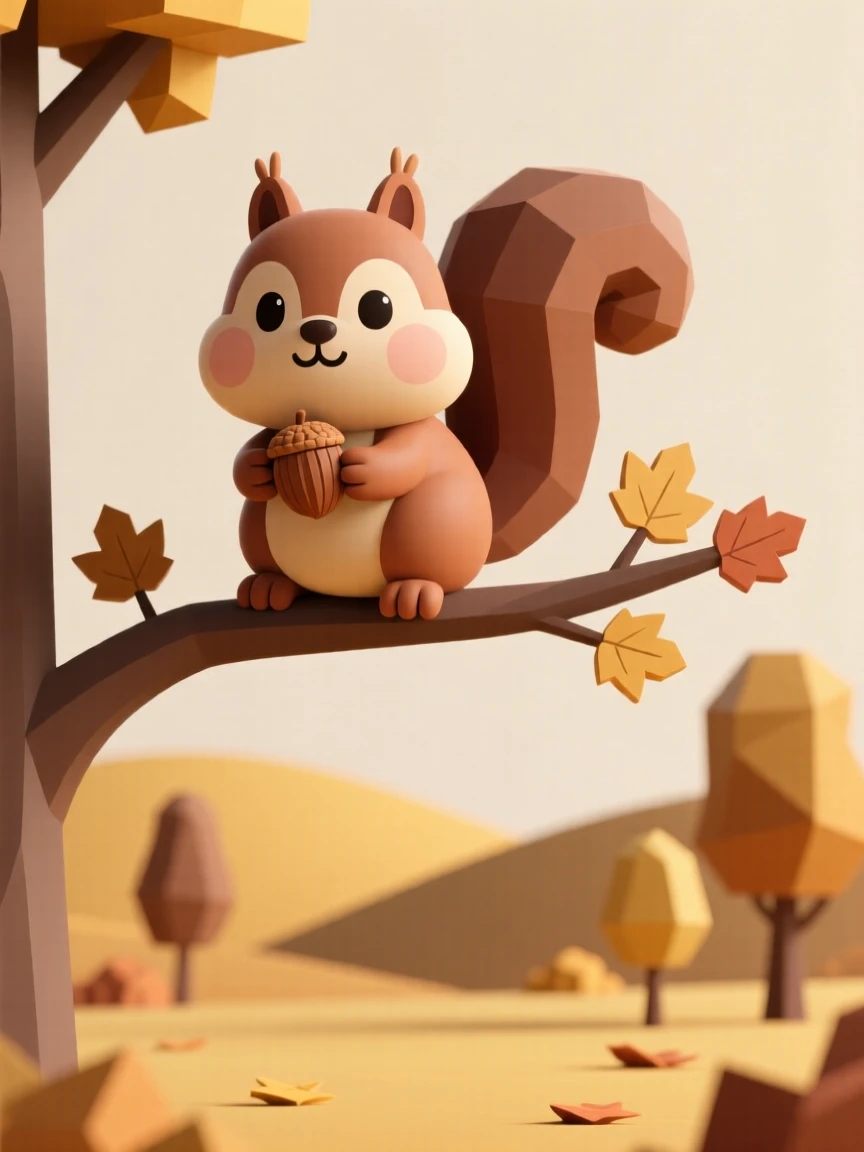 A curious squirrel stuffs its cheeks with acorns, perched on a branch overlooking a golden autumn park.